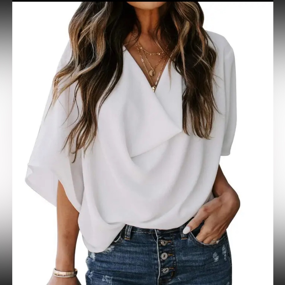 White Short Sleeve Draped Neck Blouse